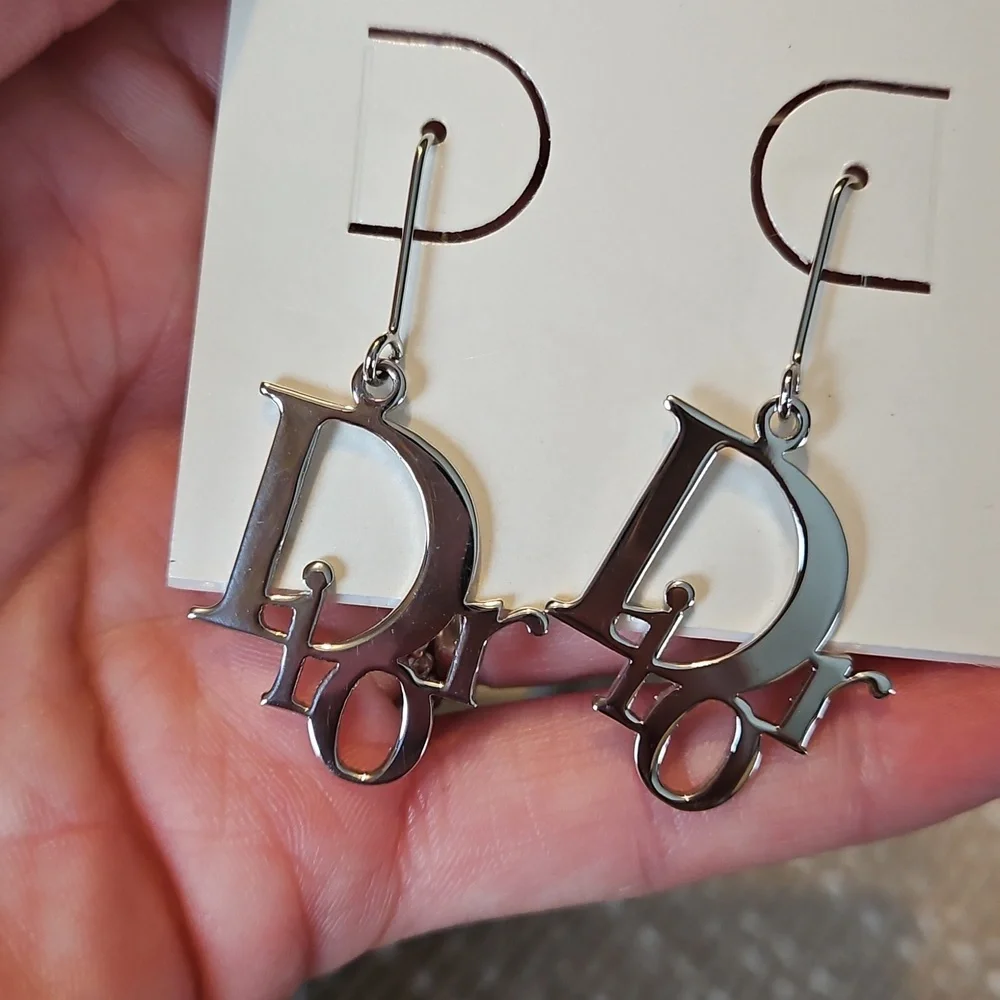 Dior Silver Trotter Logo Drop Earrings W/CoA + Packaging - Picture 2 of 4